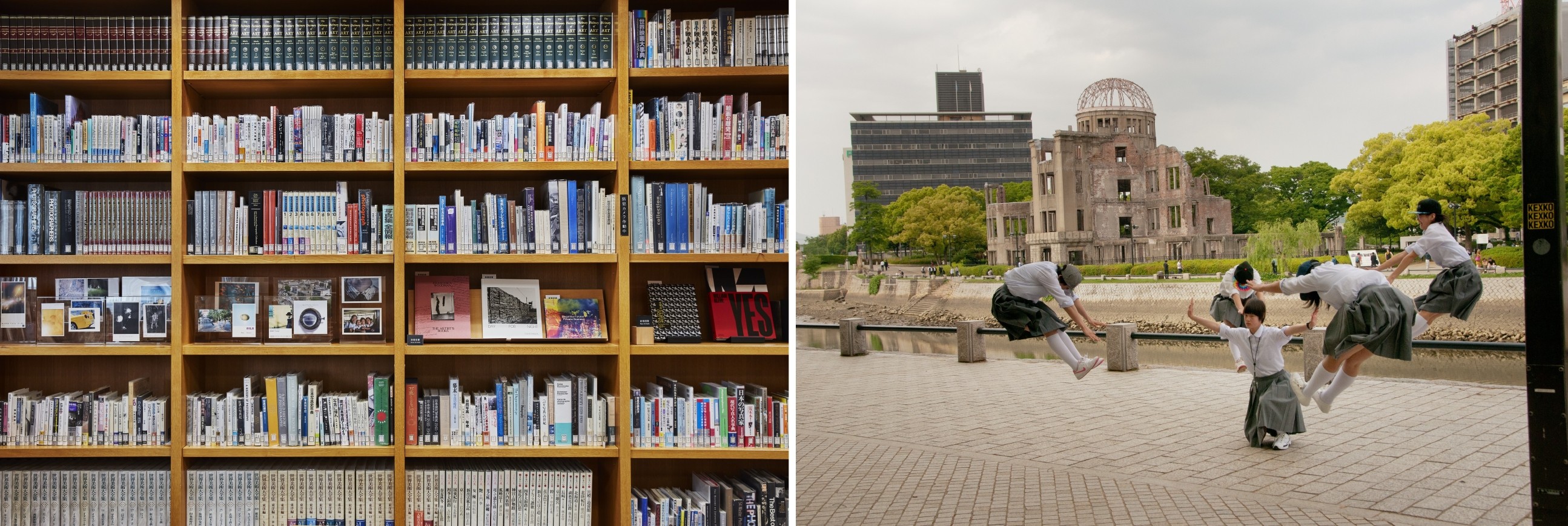 図書室の本棚と藤岡亜弥さんの作品（〈川はゆく〉より　2013–2017年　発色現像方式印画　東京都写真美術館蔵）